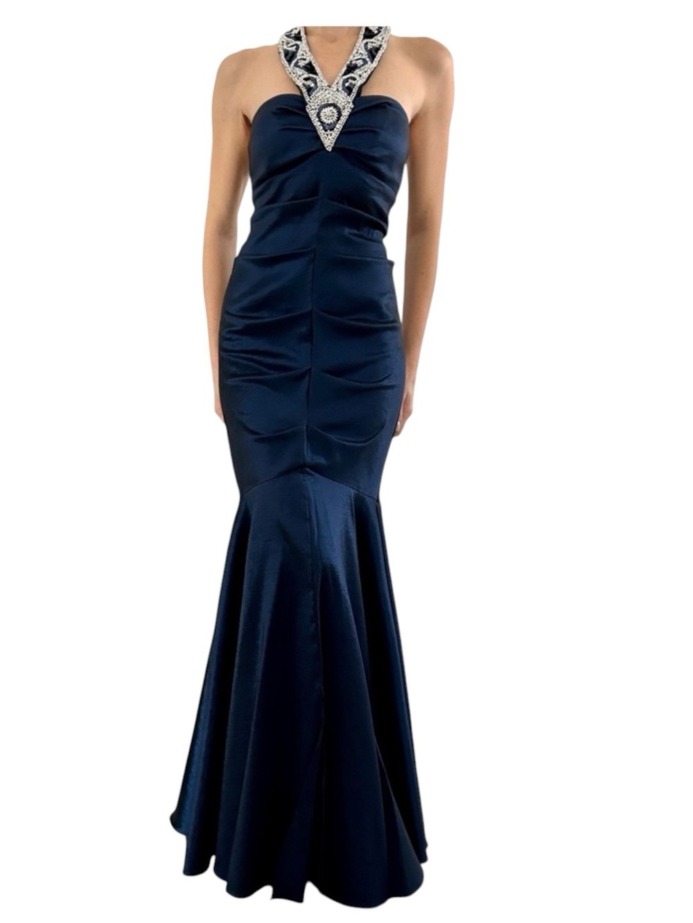 Women’s Formal Gown Evening Mermaid Dress Navy Blue Halter Sequin Neckline Sz 6